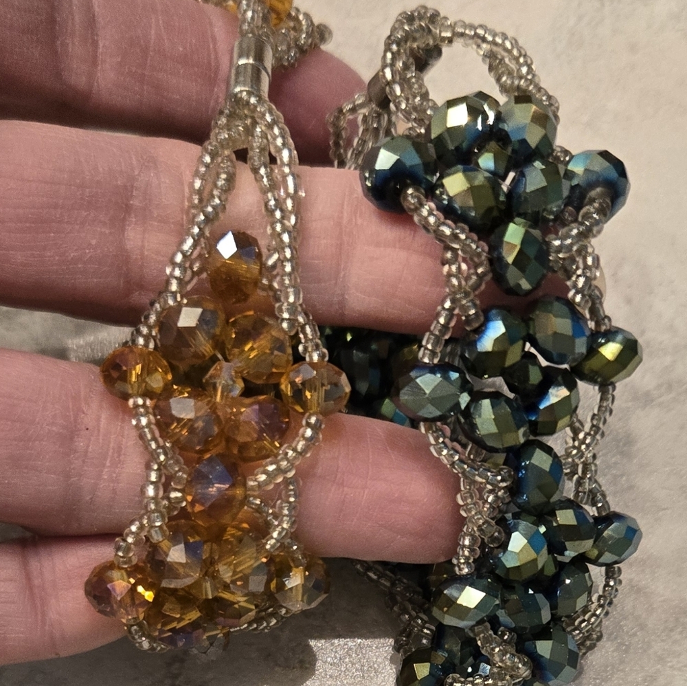 2 Elegant Beaded Bracelets with Gold and Blue Crystals And Magnetic Closures